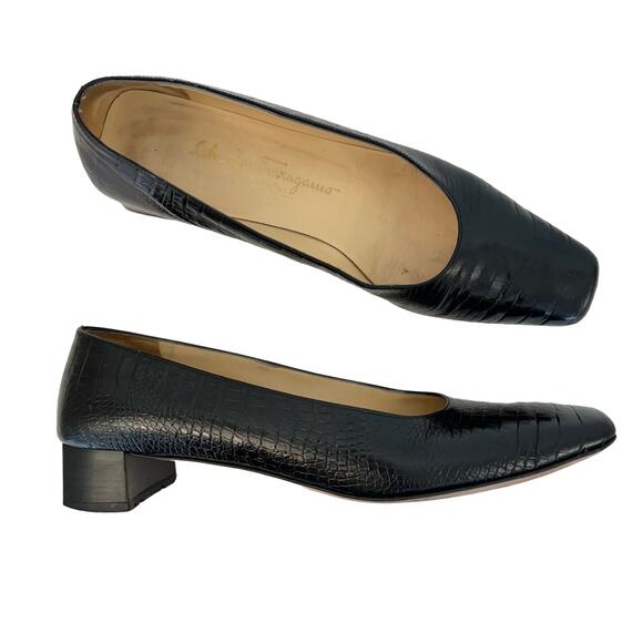 Salvatore Ferragamo Embossed Leather Square-Toe Low Block Heel Pumps Size 10AA - Picture 1 of 13